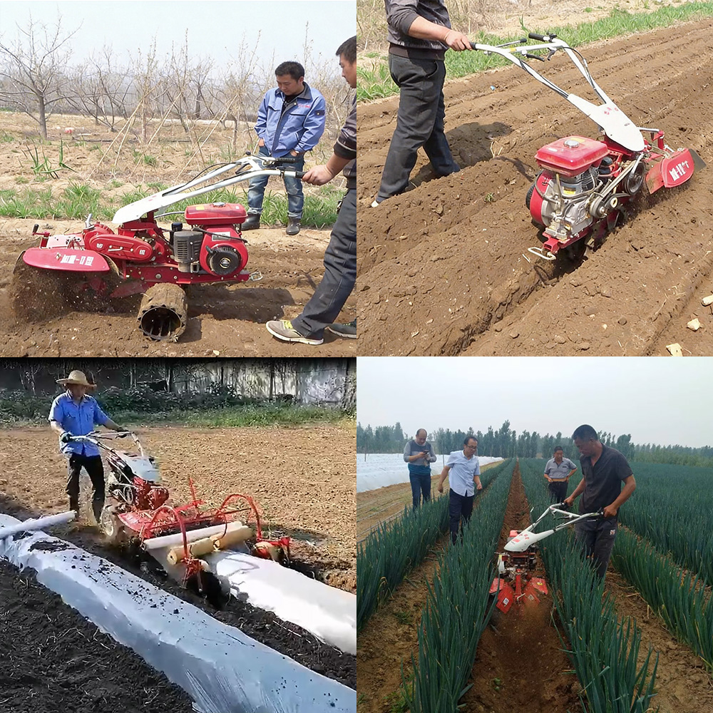 Garden management machine trenching, tilling, mulching and row-crop operations
